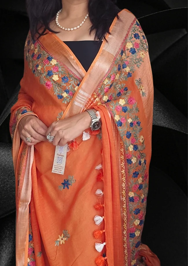 Handloom Linen Cotton Saree with Kashmiri Aari Embroidery - Image 5