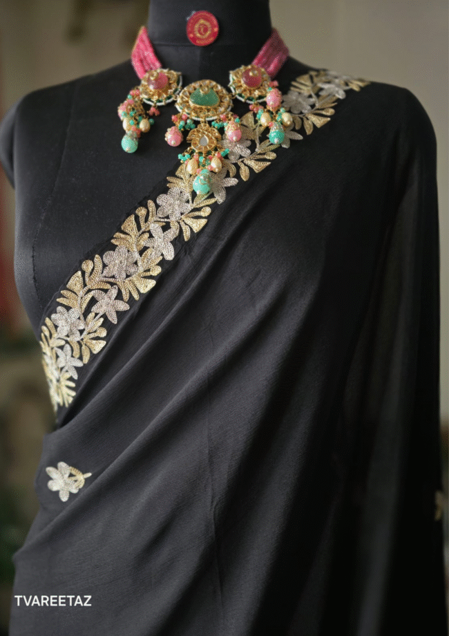 Tvareetaz designer  Kashmiri Chinon chiffon  Saree Colour Black