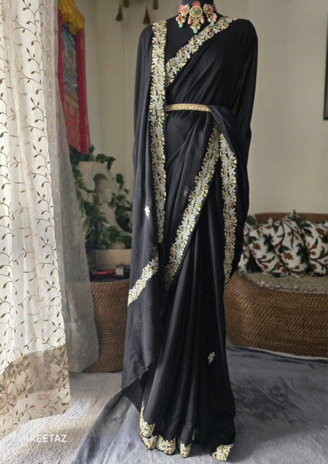 Tvareetaz designer  Kashmiri Chinon chiffon  Saree Colour Black - Image 6