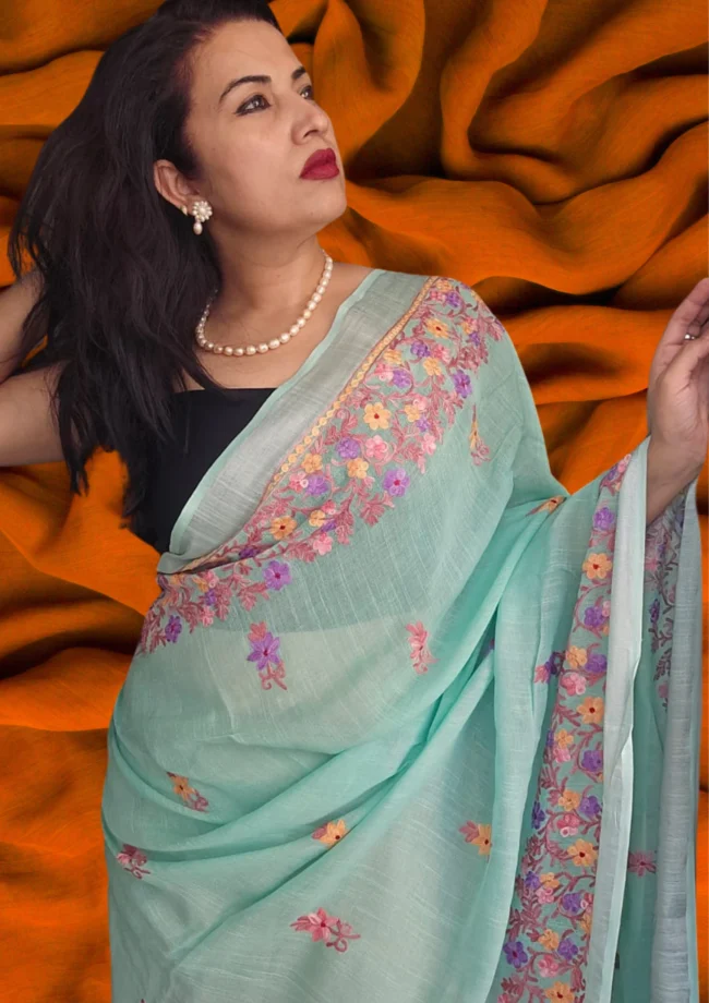 Handloom Linen Cotton Saree with Kashmiri Aari Embroidery