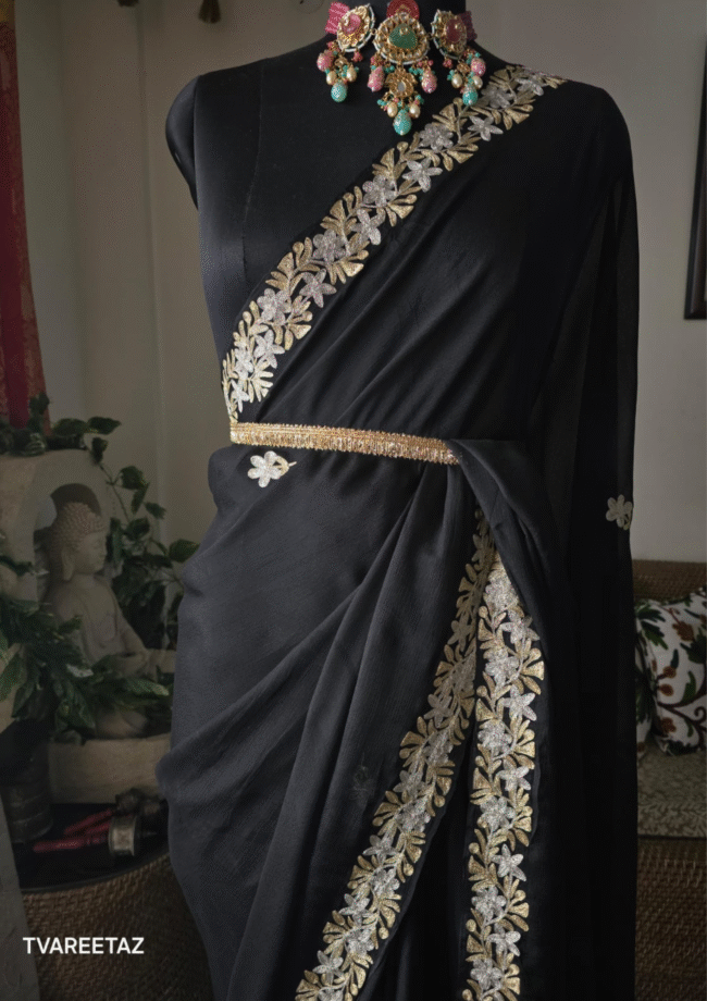 Tvareetaz designer  Kashmiri Chinon chiffon  Saree Colour Black - Image 2