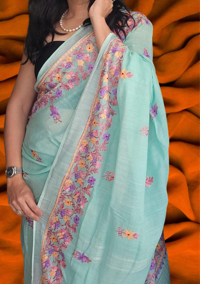 Handloom Linen Cotton Saree with Kashmiri Aari Embroidery - Image 6