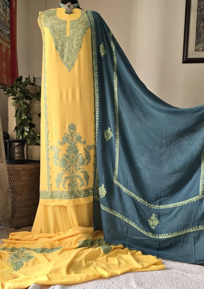 Exquisite Tvareetaz Designer Kashmiri Suit – Mrigya: A Masterpiece in Yellow & Rama Blueish
