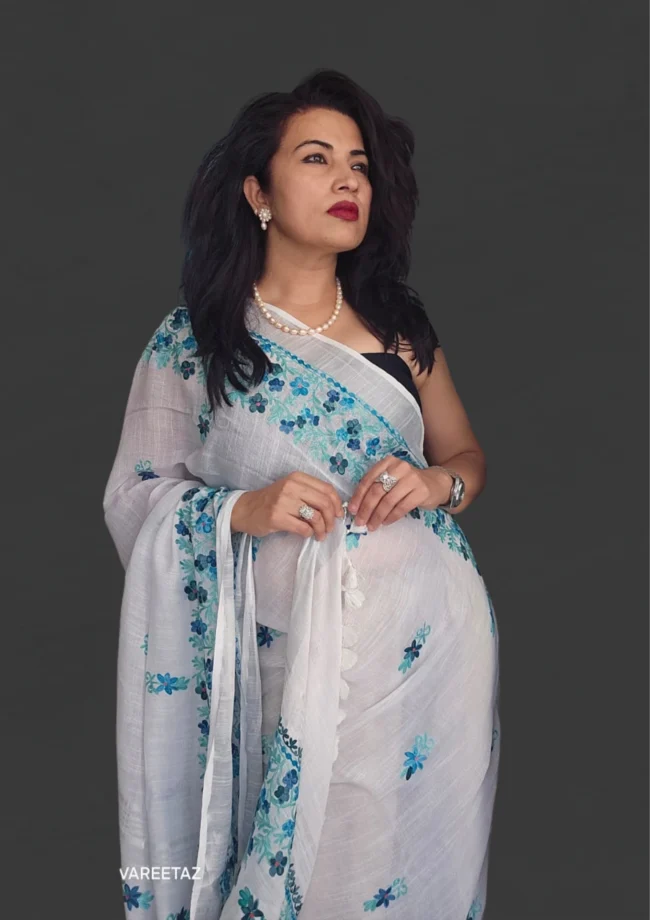 Handloom Linen Cotton Saree with Kashmiri Aari Embroidery