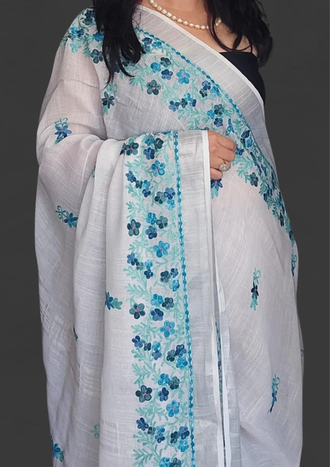 Handloom Linen Cotton Saree with Kashmiri Aari Embroidery - Image 3