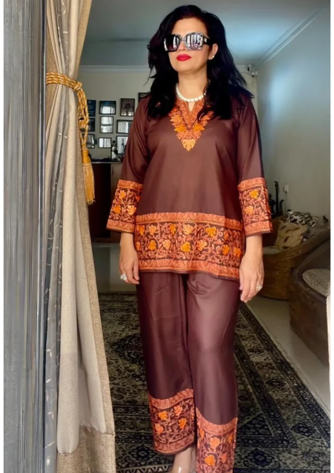 🌿 The Soul of Kashmir: Aari Embroidered Short Kurta Cordset 🌿