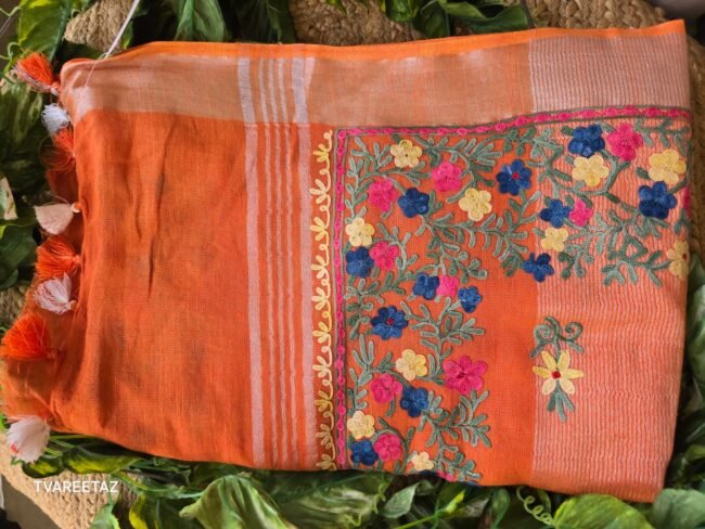 Handloom Linen Cotton Saree with Kashmiri Aari Embroidery - Image 3