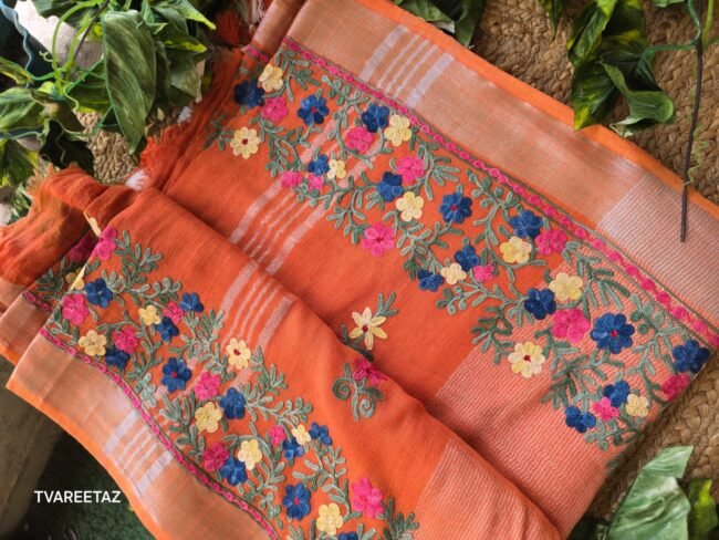 Handloom Linen Cotton Saree with Kashmiri Aari Embroidery - Image 2