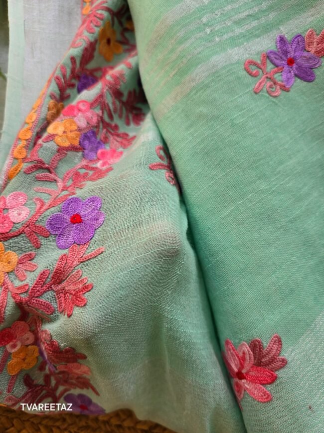 Handloom Linen Cotton Saree with Kashmiri Aari Embroidery - Image 3