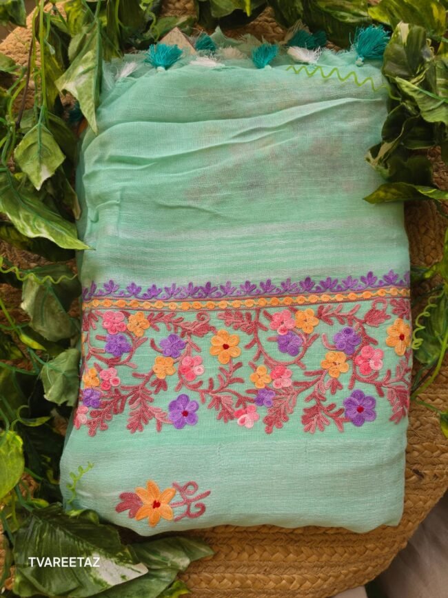 Handloom Linen Cotton Saree with Kashmiri Aari Embroidery - Image 4