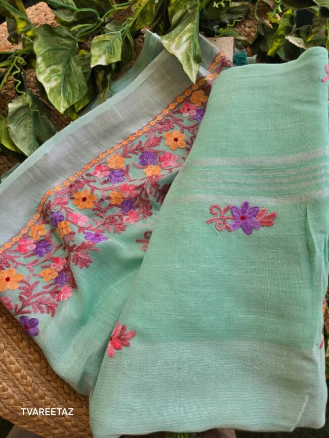 Handloom Linen Cotton Saree with Kashmiri Aari Embroidery - Image 2