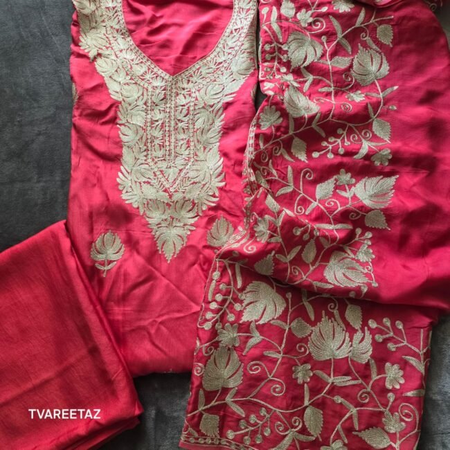 Exquisite Kashmiri Rose Peach Party Suit with Dual Tilla Embroidery - Image 4