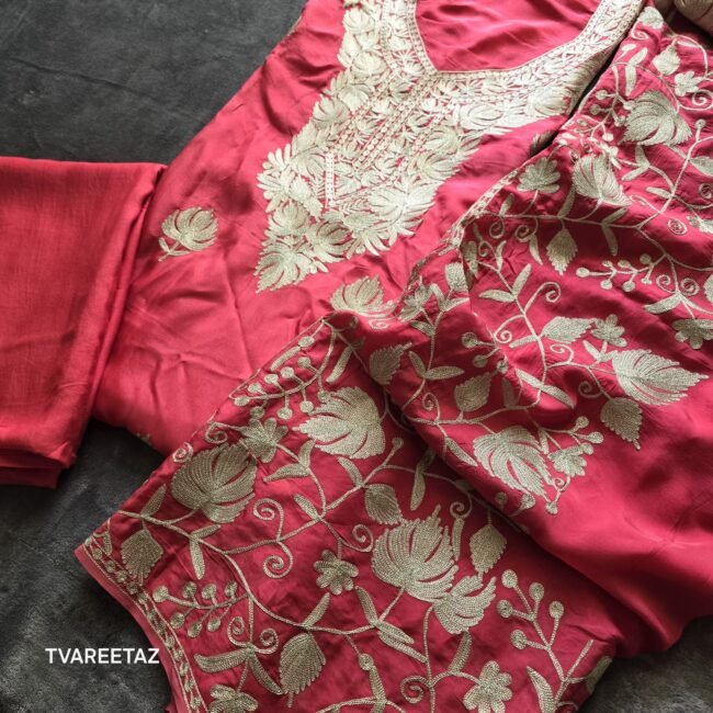 Exquisite Kashmiri Rose Peach Party Suit with Dual Tilla Embroidery - Image 6