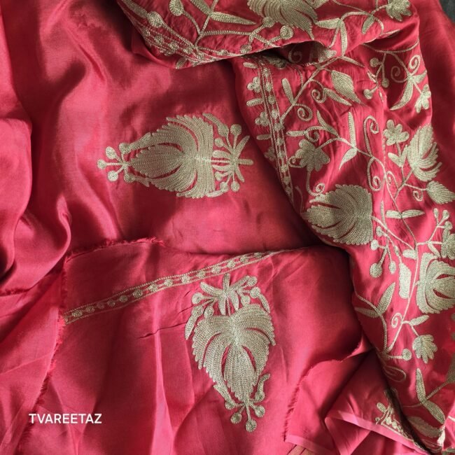 Exquisite Kashmiri Rose Peach Party Suit with Dual Tilla Embroidery - Image 5
