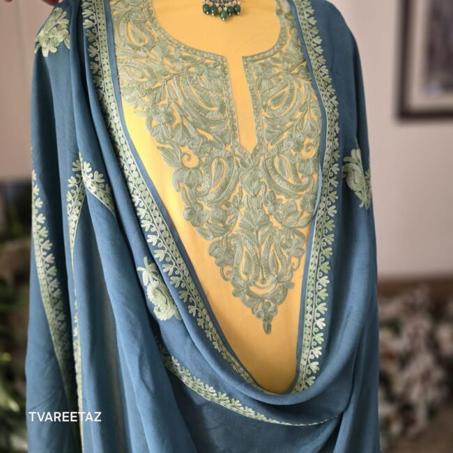 Exquisite Tvareetaz Designer Kashmiri Suit – Mrigya: A Masterpiece in Yellow & Rama Blueish - Image 3