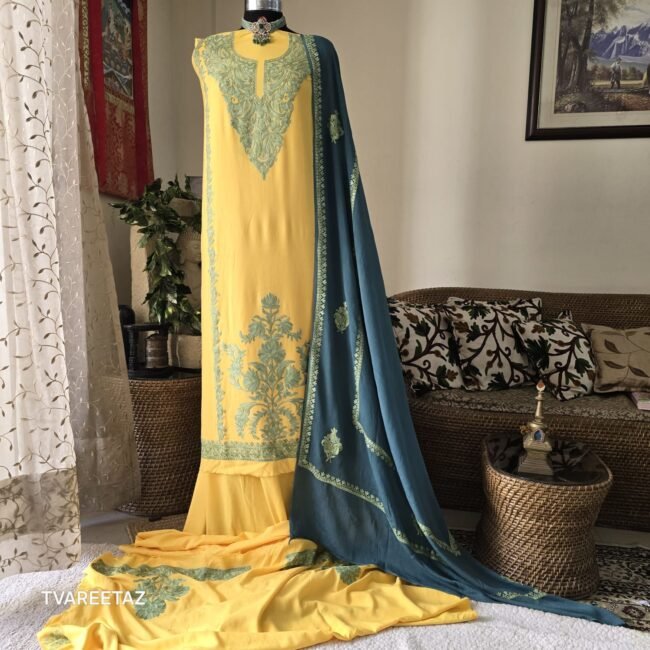 Exquisite Tvareetaz Designer Kashmiri Suit – Mrigya: A Masterpiece in Yellow & Rama Blueish - Image 2