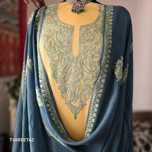 Exquisite Tvareetaz Designer Kashmiri Suit – Mrigya: A Masterpiece in Yellow & Rama Blueish - Image 5