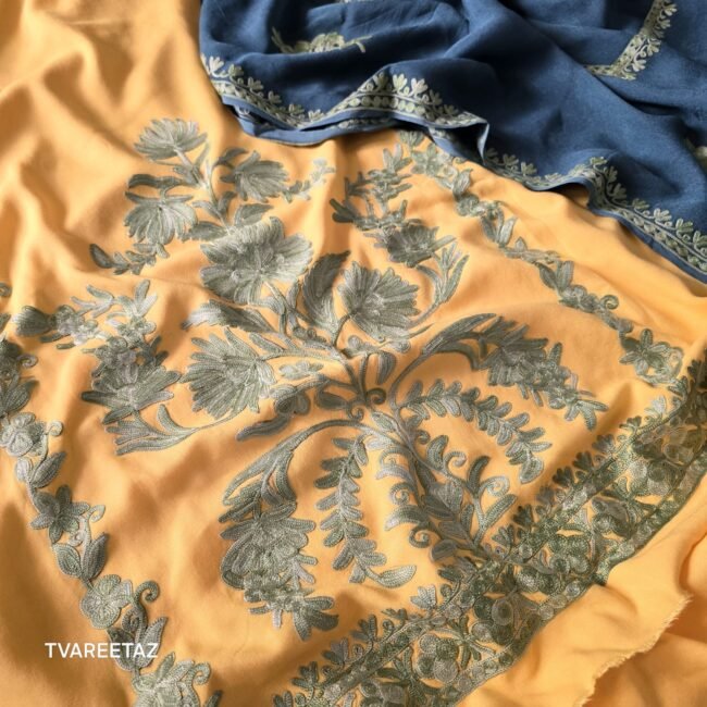 Exquisite Tvareetaz Designer Kashmiri Suit – Mrigya: A Masterpiece in Yellow & Rama Blueish - Image 8
