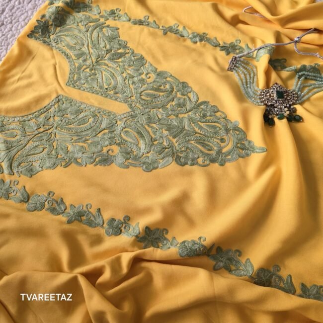 Exquisite Tvareetaz Designer Kashmiri Suit – Mrigya: A Masterpiece in Yellow & Rama Blueish - Image 4