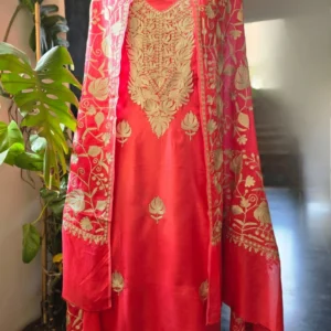 Exquisite Kashmiri Rose Peach Party Suit with Dual Tilla Embroidery