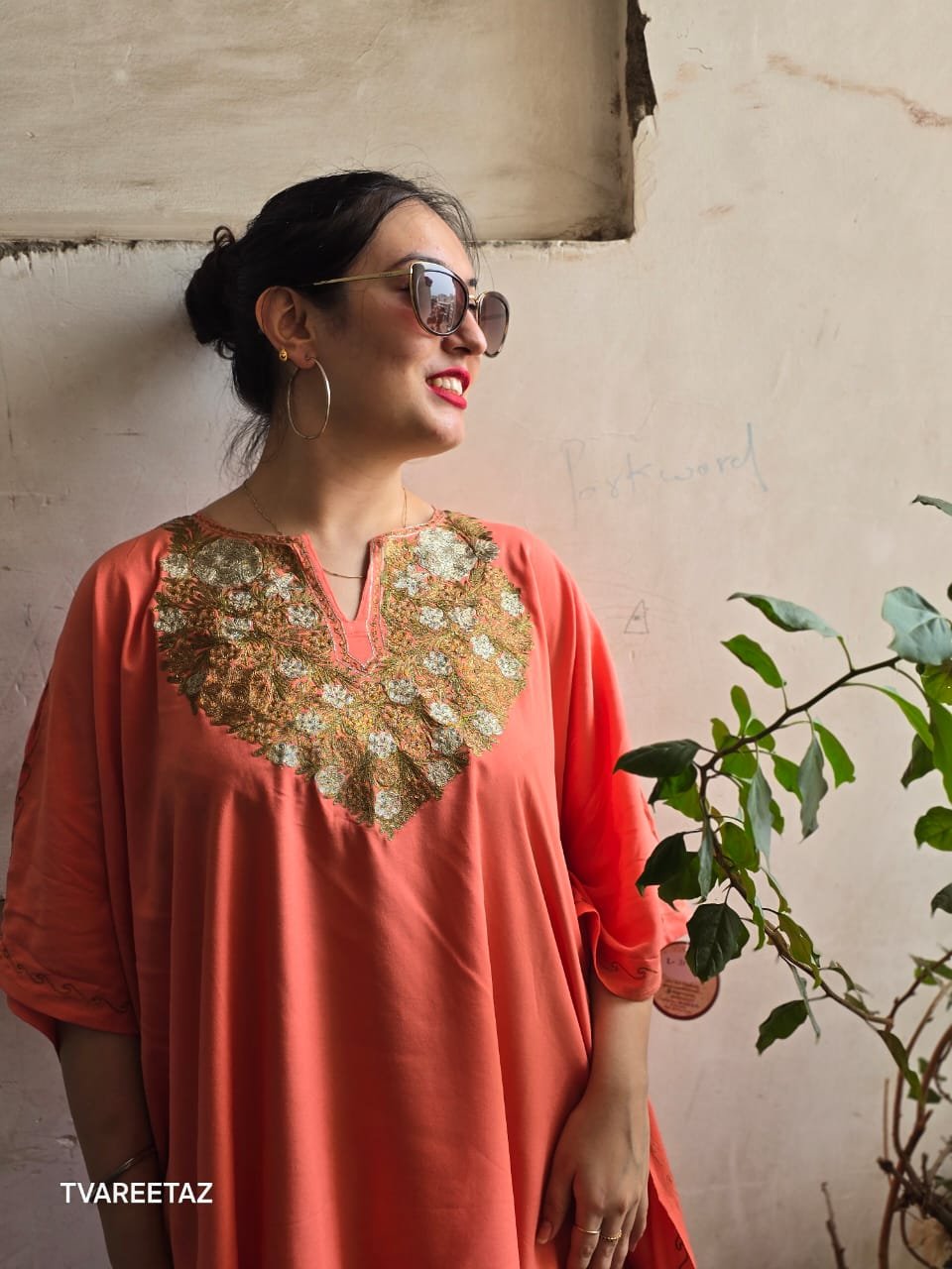 Elegant Comfort Meets Tradition: Kashmiri Tilla Embroidery Kaftan by Tvareetaz