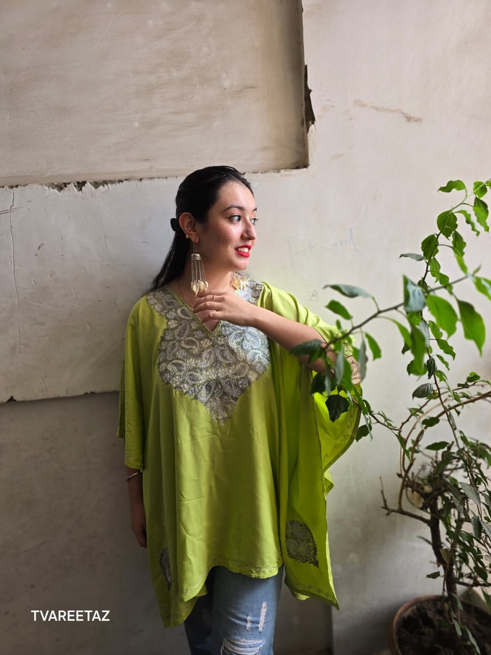 Elegant Comfort Meets Tradition: Kashmiri Tilla Embroidery Kaftan by Tvareetaz