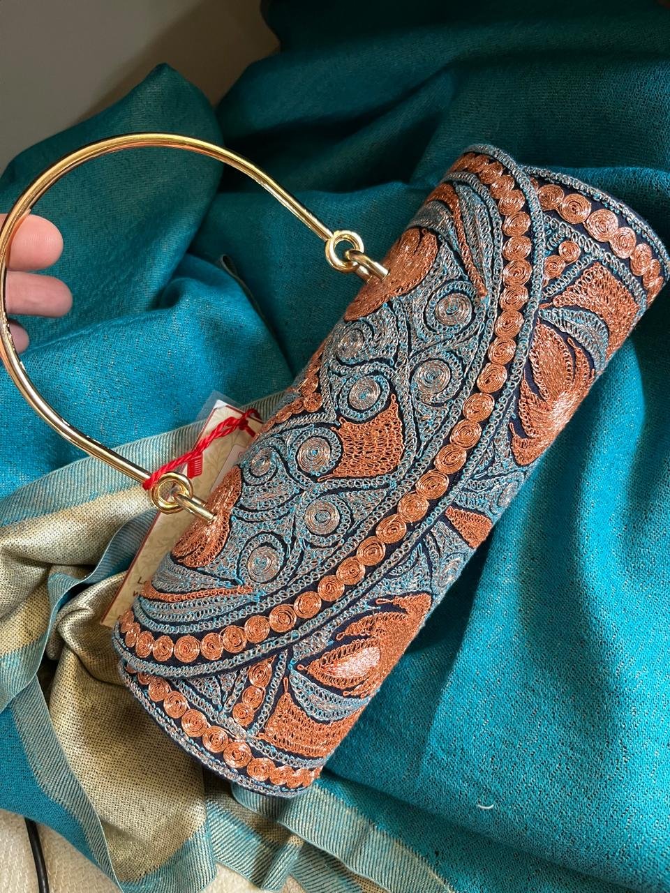 Handcrafted Kashmiri Embroidered Clutch with Metal Handle