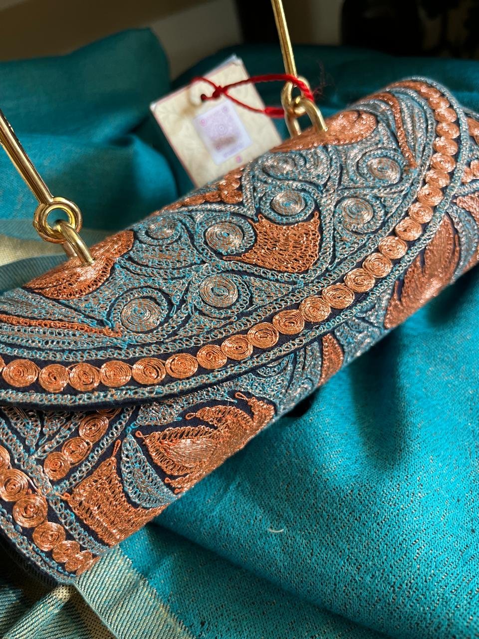 Handcrafted Kashmiri Embroidered Clutch with Metal Handle - Image 2