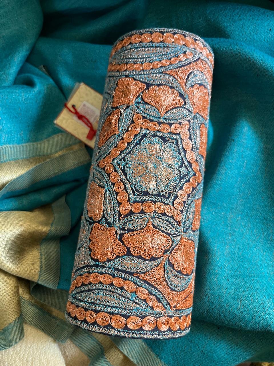 Handcrafted Kashmiri Embroidered Clutch with Metal Handle - Image 3