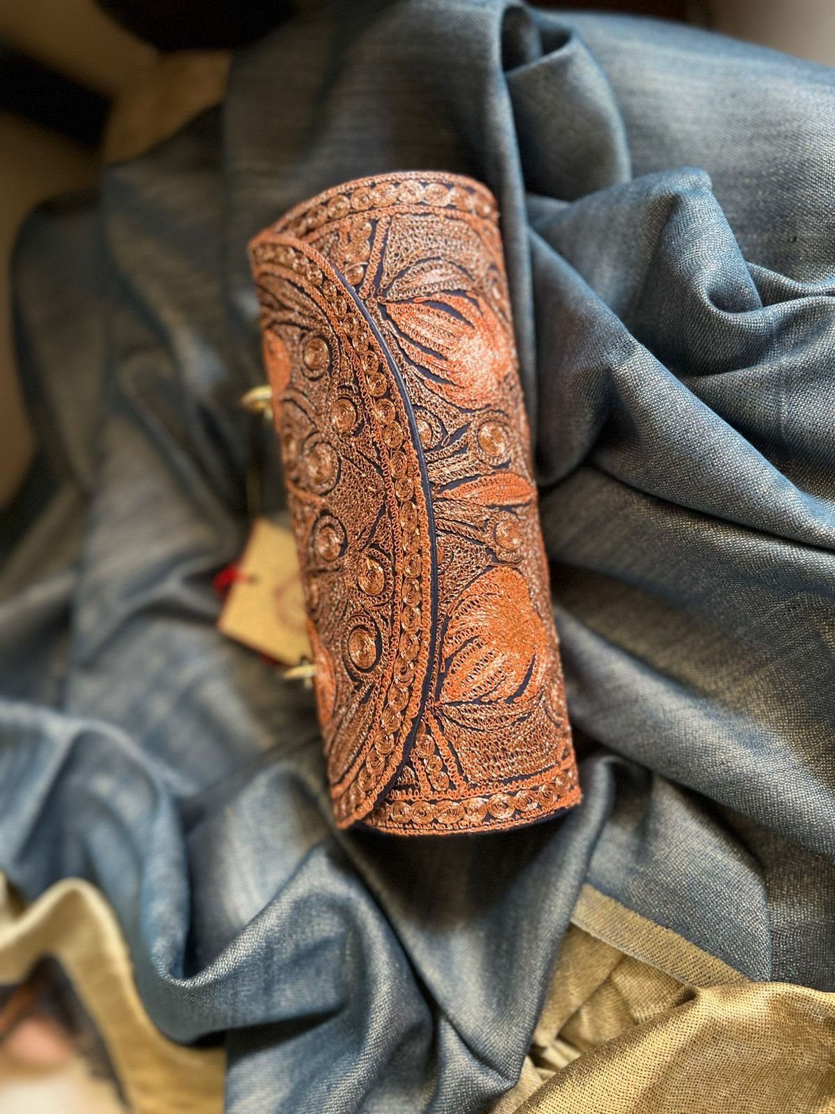 Handcrafted Kashmiri Embroidered Clutch with Metal Handle - Image 6