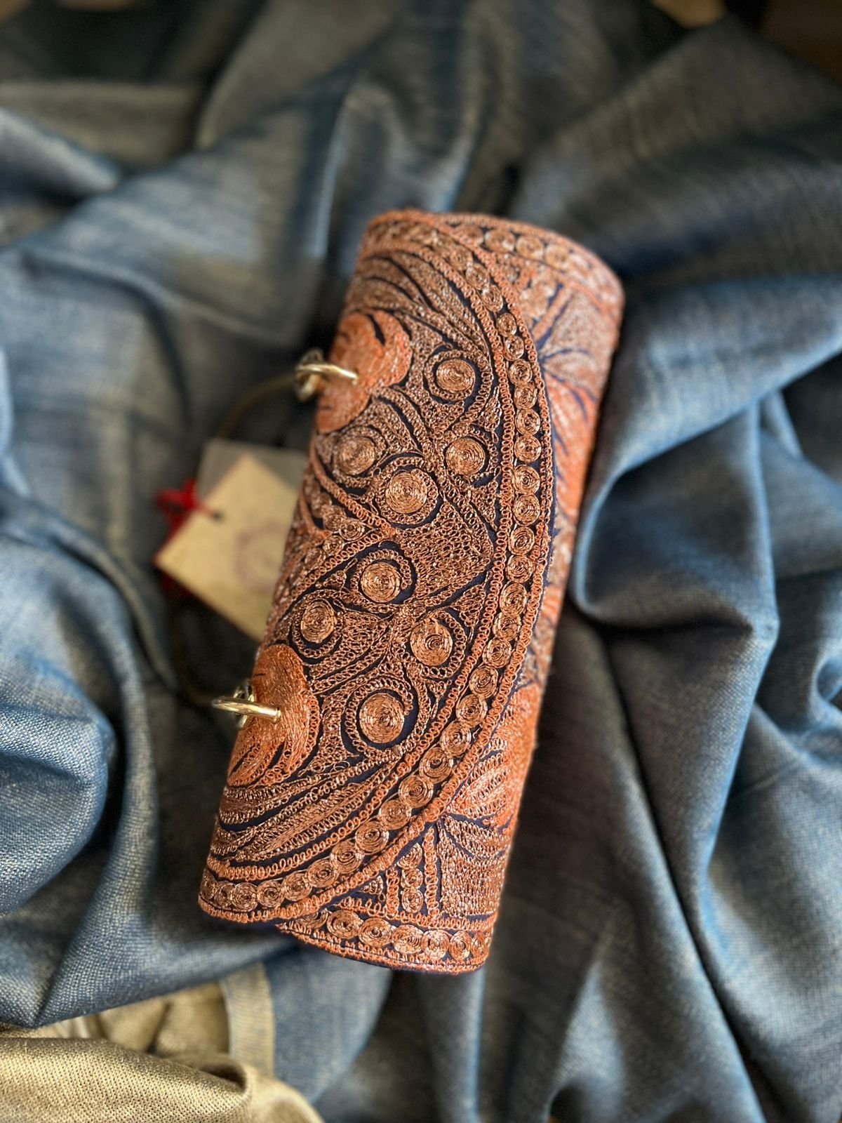 Handcrafted Kashmiri Embroidered Clutch with Metal Handle