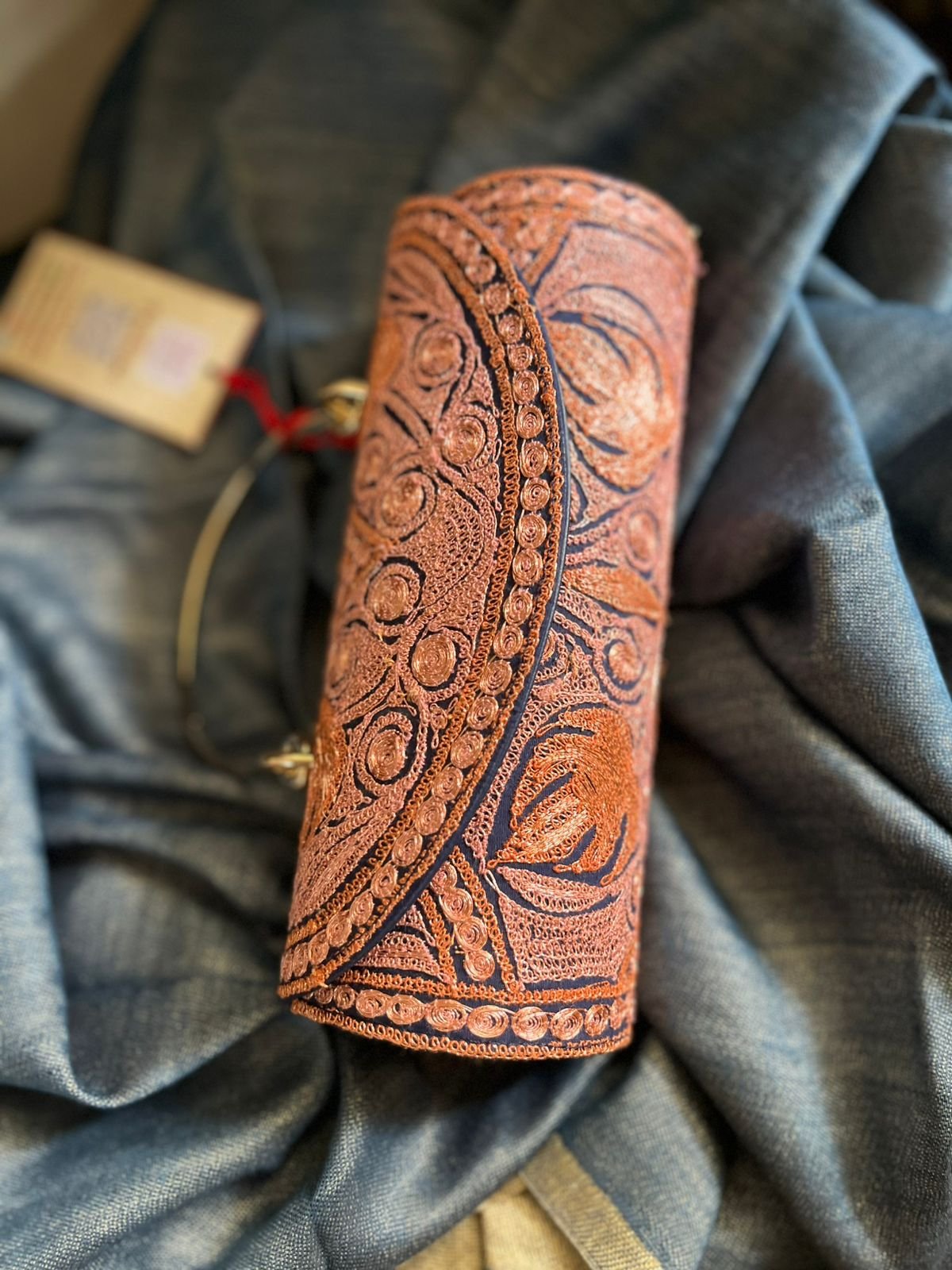 Handcrafted Kashmiri Embroidered Clutch with Metal Handle - Image 2