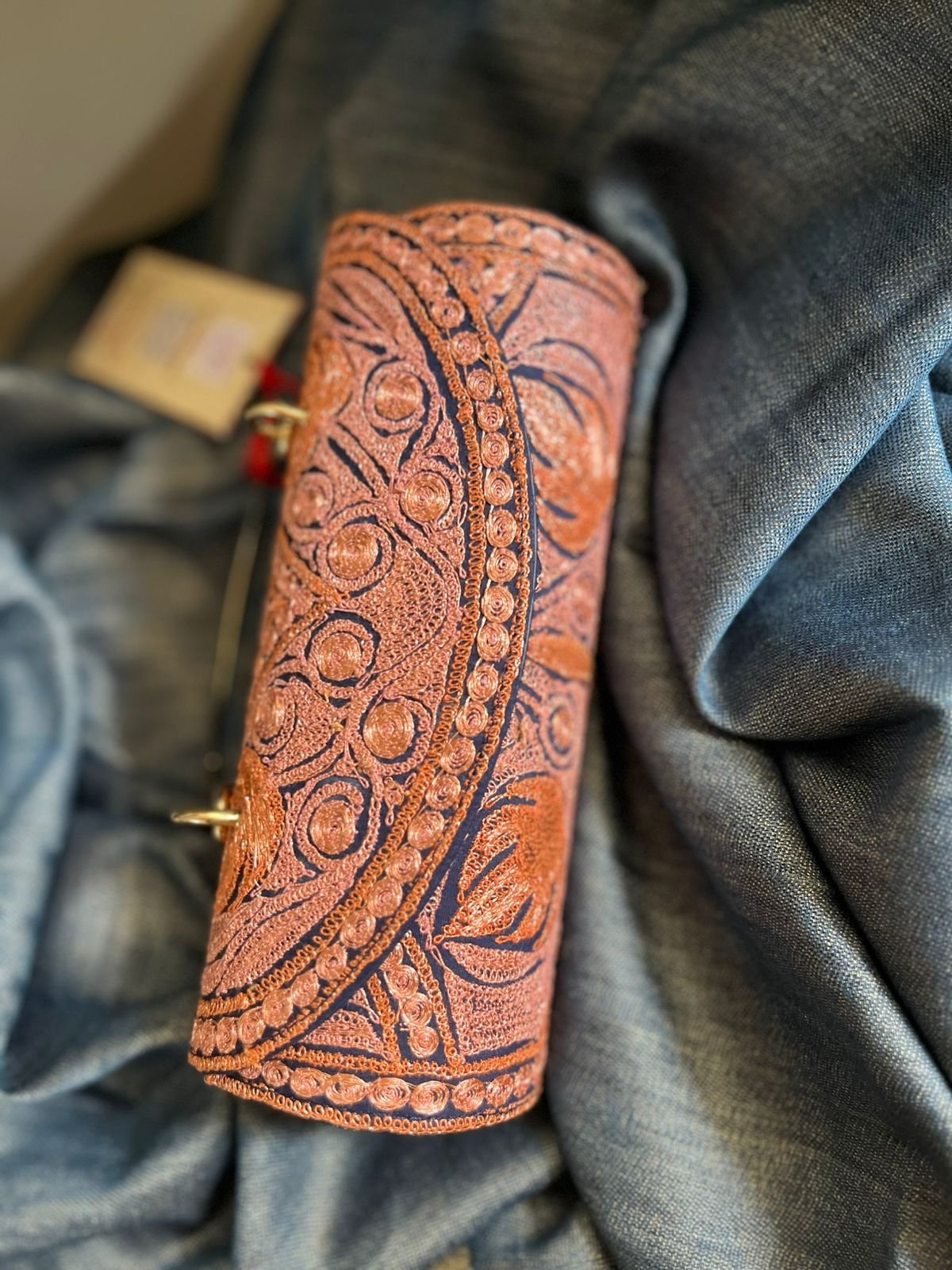 Handcrafted Kashmiri Embroidered Clutch with Metal Handle - Image 3