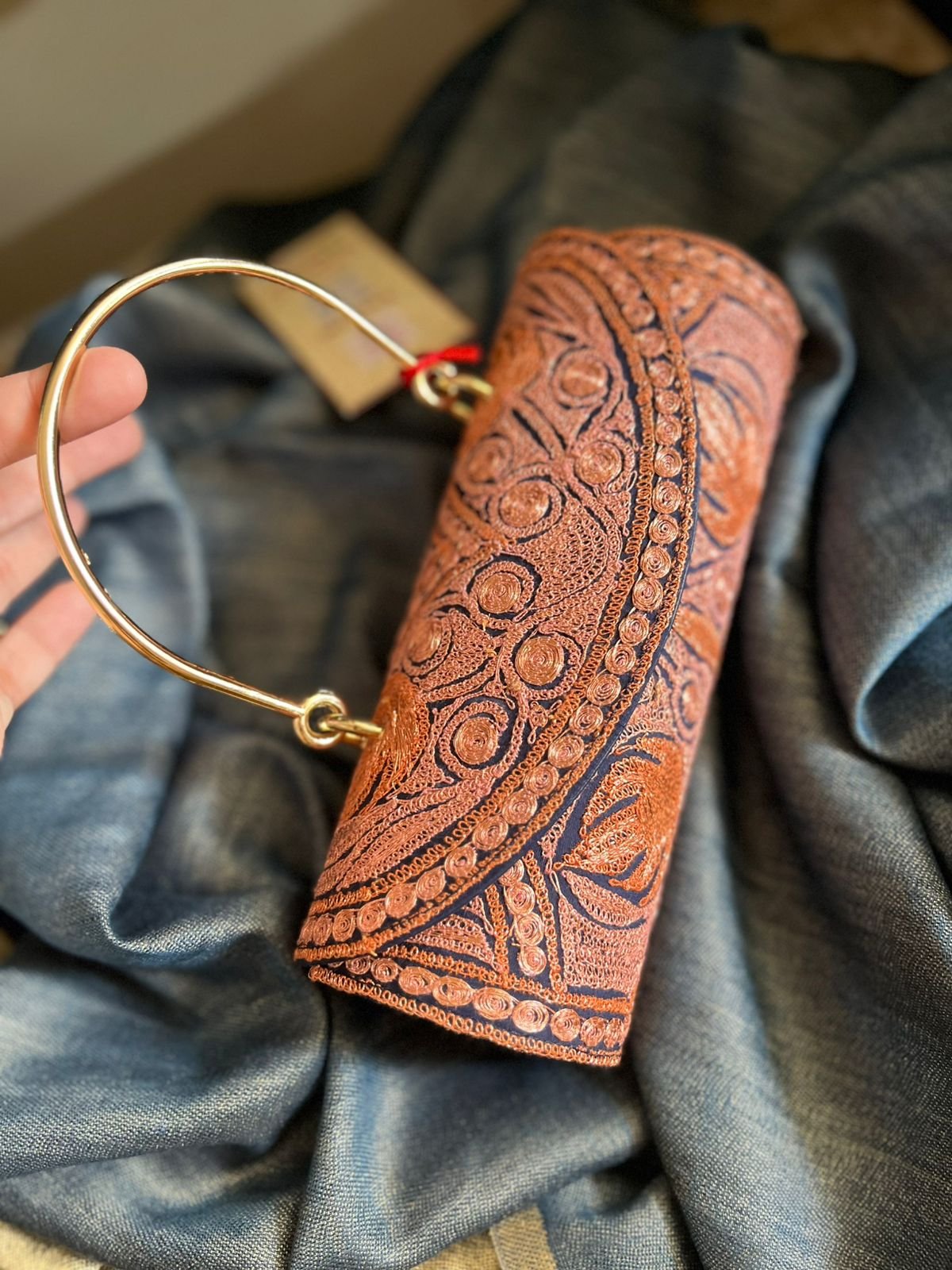 Handcrafted Kashmiri Embroidered Clutch with Metal Handle