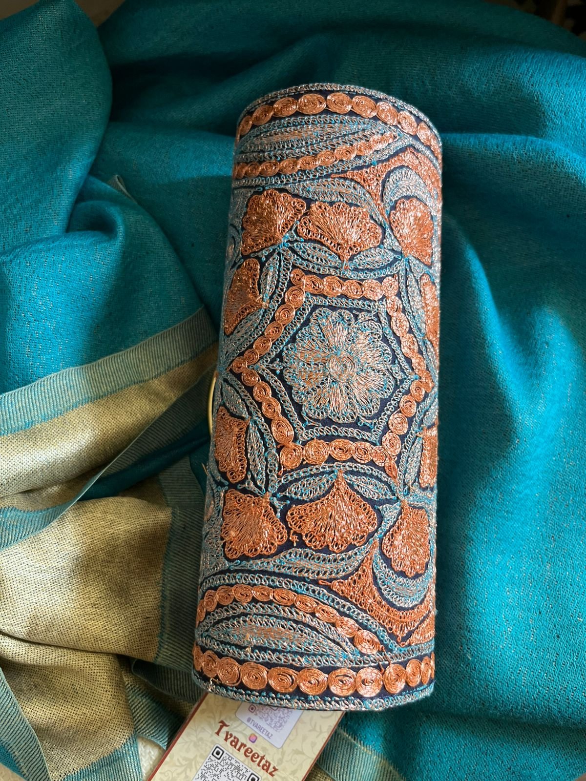 Handcrafted Kashmiri Embroidered Clutch with Metal Handle - Image 3