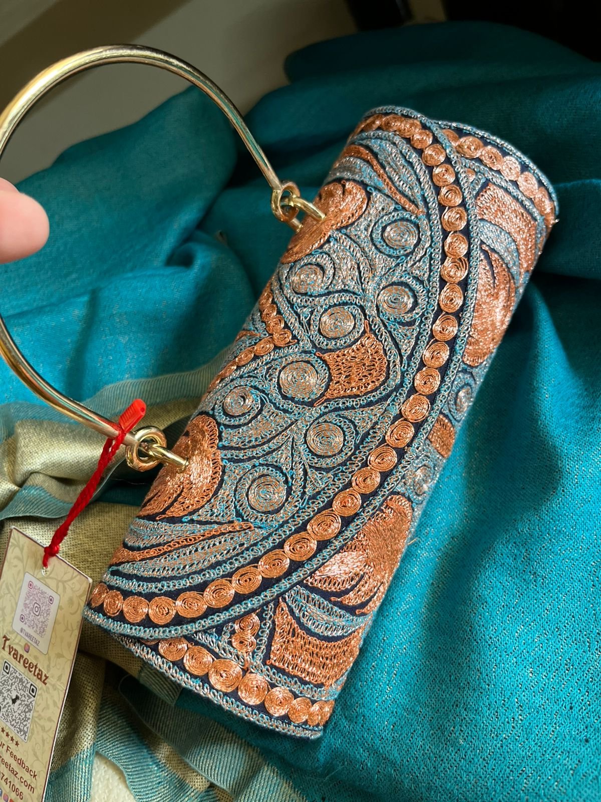 Handcrafted Kashmiri Embroidered Clutch with Metal Handle