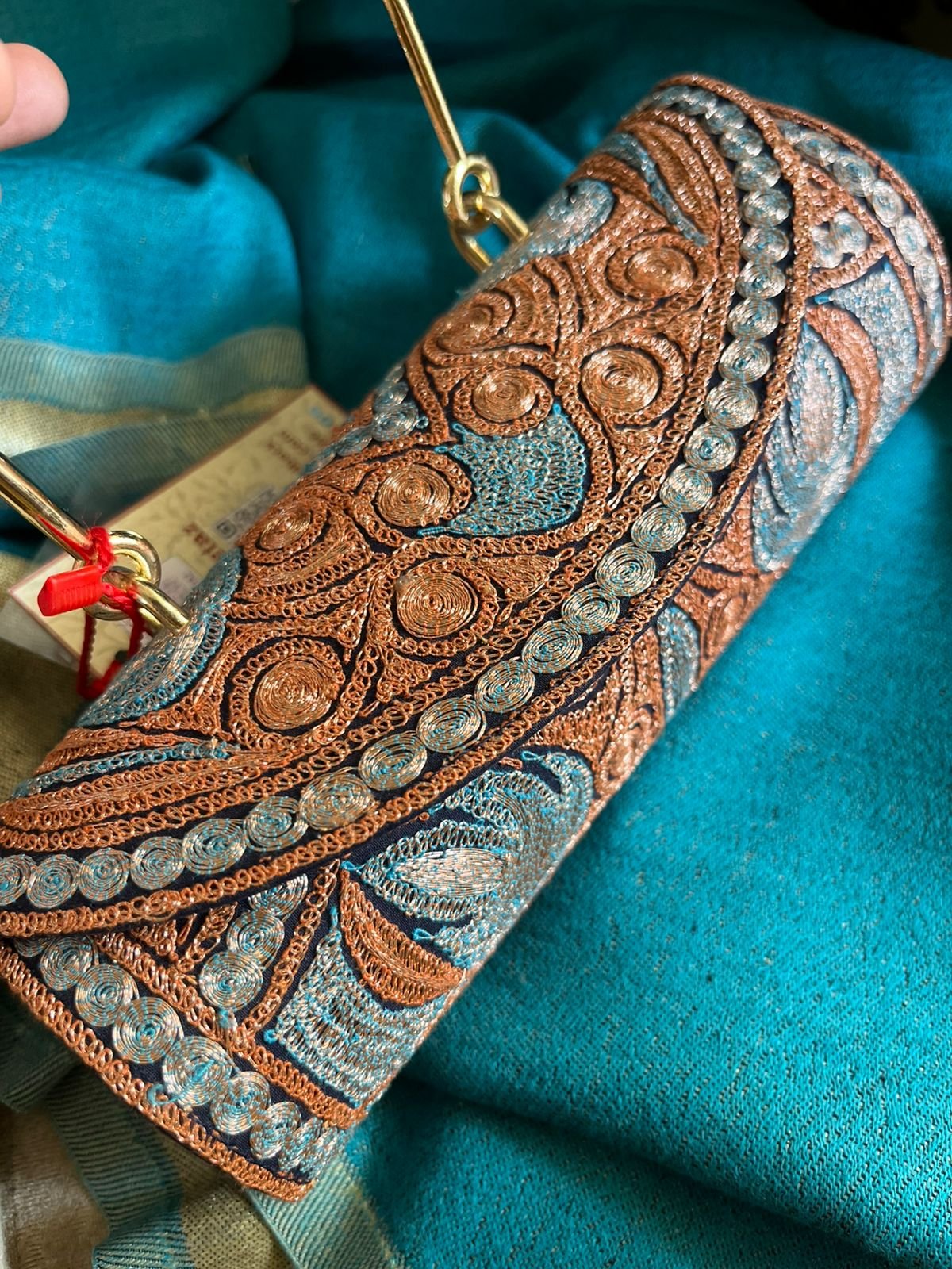 Handcrafted Kashmiri Embroidered Clutch with Metal Handle - Image 3