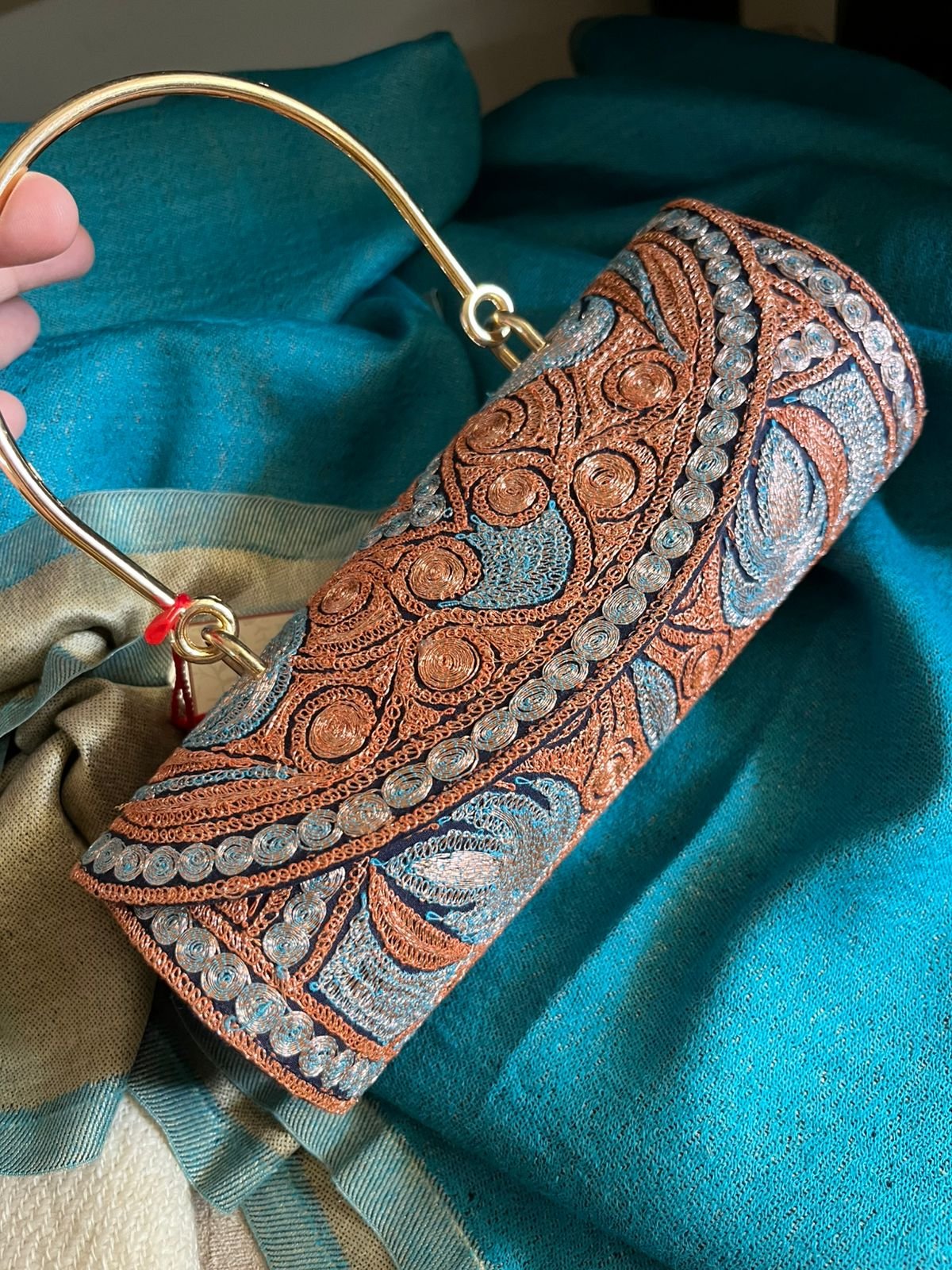 Handcrafted Kashmiri Embroidered Clutch with Metal Handle