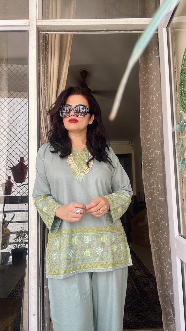 🌿 The Soul of Kashmir: Aari Embroidered Short Kurta Cordset 🌿