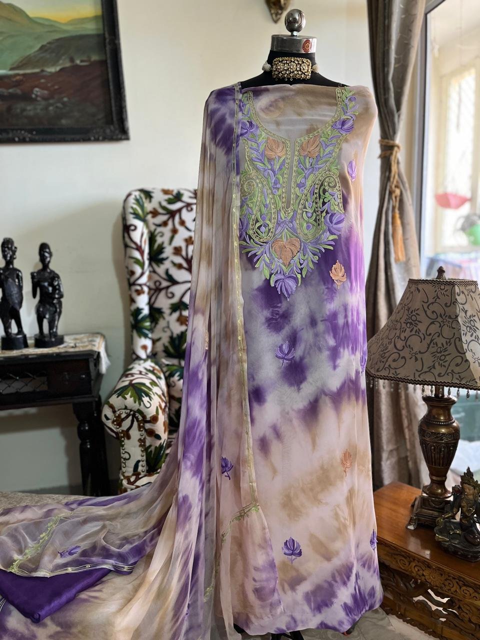 Shibori-Dyed Georgette Suit with Kashmiri Aari Embroidery