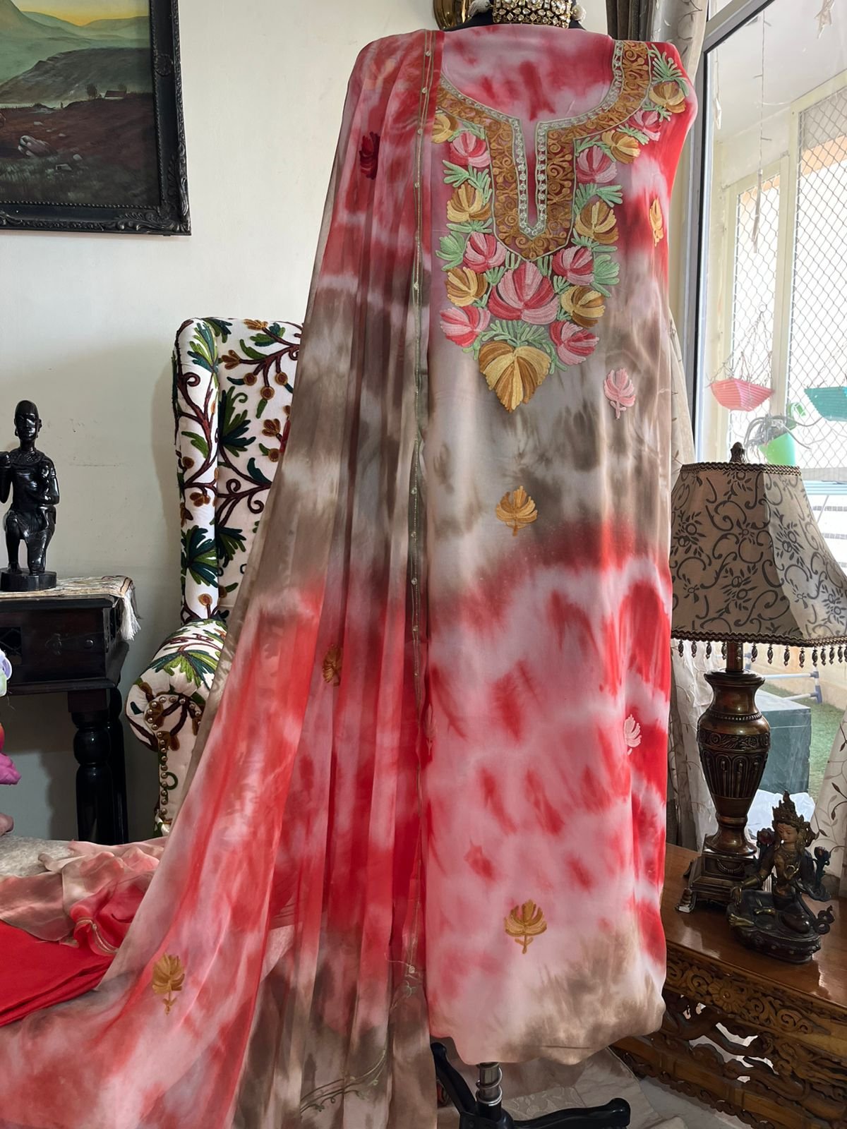 Shibori-Dyed Georgette Suit with Kashmiri Aari Embroidery
