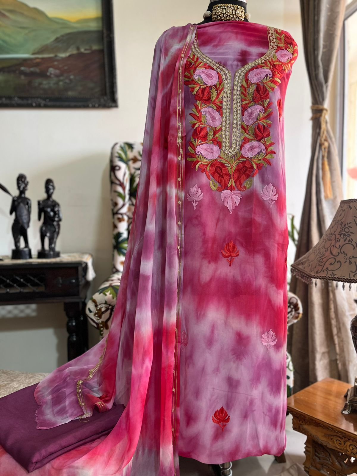 Shibori-Dyed Georgette Suit with Kashmiri Aari Embroidery