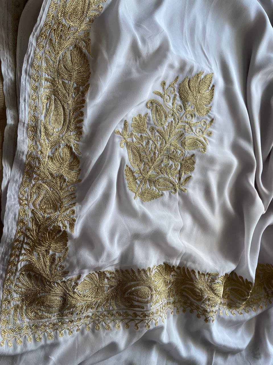 Crepe Saree adorned with intricate handcrafted Kashmiri Tilla embroidery - Image 7
