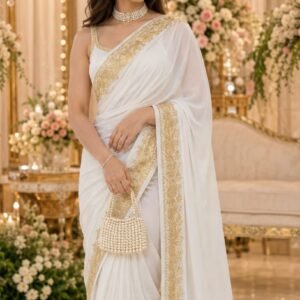 Crepe Saree adorned with intricate handcrafted Kashmiri Tilla embroidery